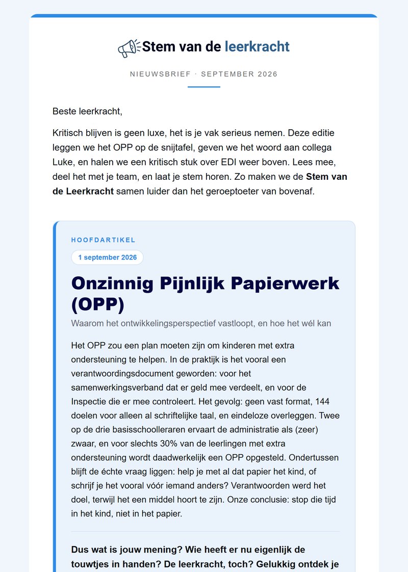 Nieuwsbrief Stem van de Leerkracht, september 2026